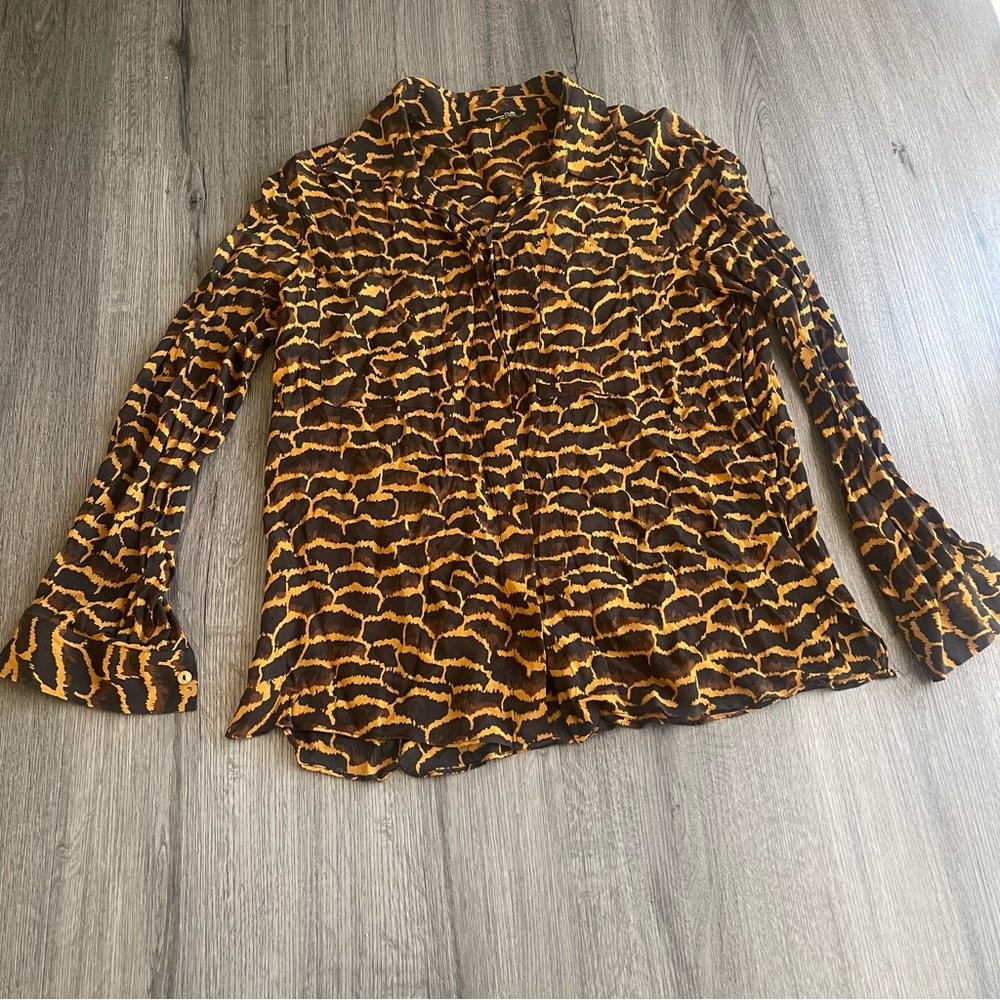 Massimo Dutti Tan/Blk Animal Print Sheer Lightweight Button-up Blouse Sz 4 90s
